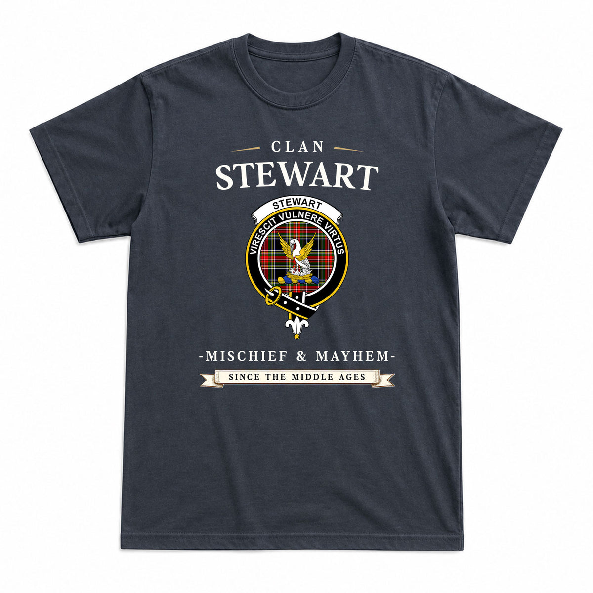 Stewart Black Tartan Crest Mischief and Mayhem T-shirt