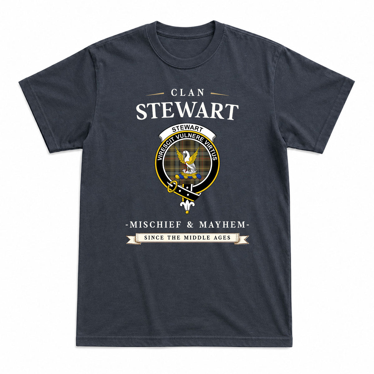 Stewart Hunting Weathered Tartan Crest Mischief and Mayhem T-shirt