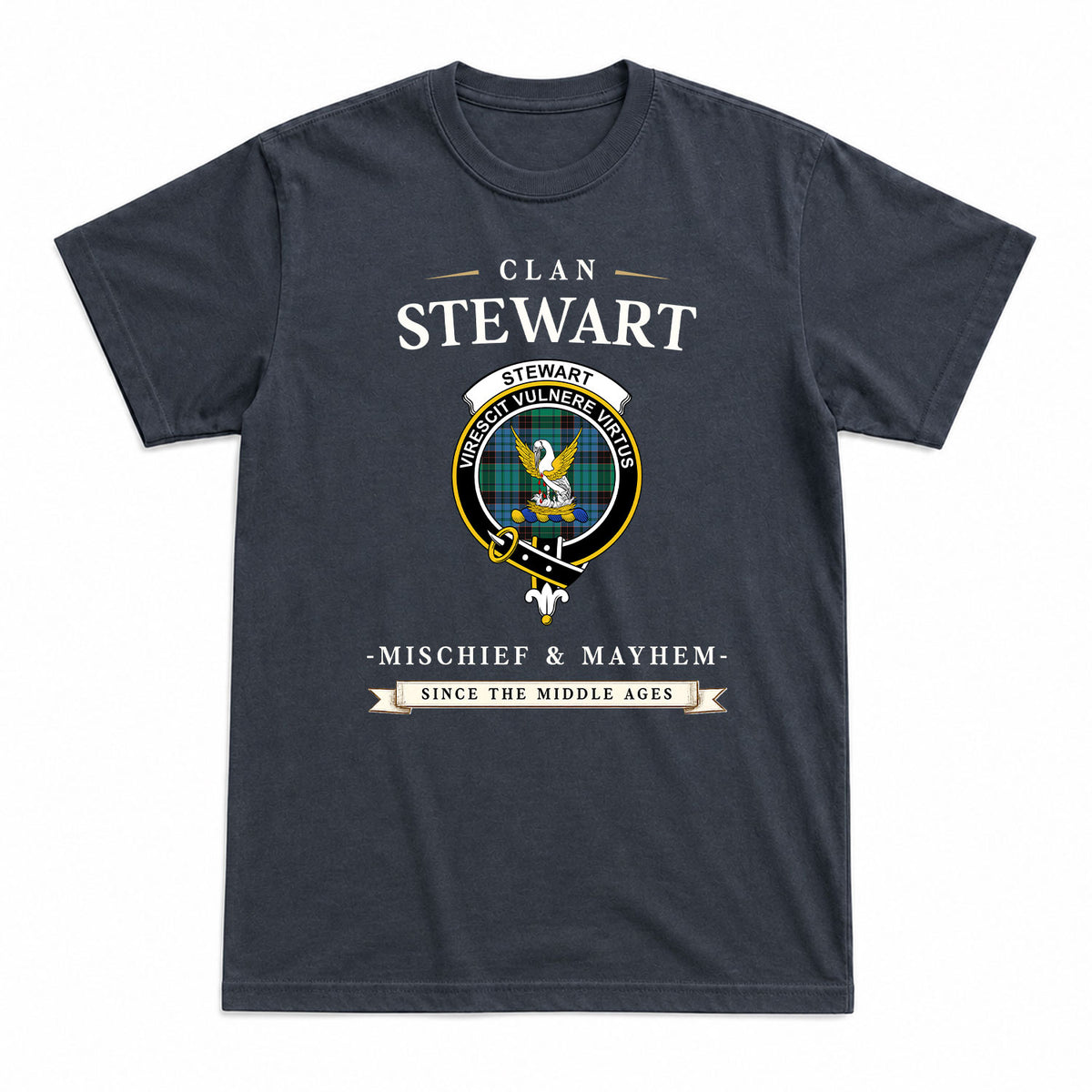 Stewart Old Ancient Tartan Crest Mischief and Mayhem T-shirt