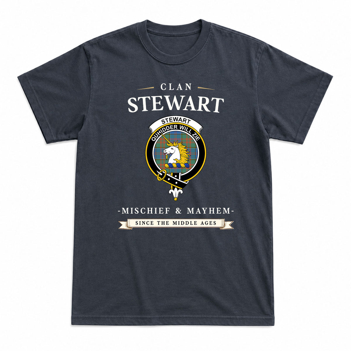 Stewart of Appin Hunting Ancient Tartan Crest Mischief and Mayhem T-shirt