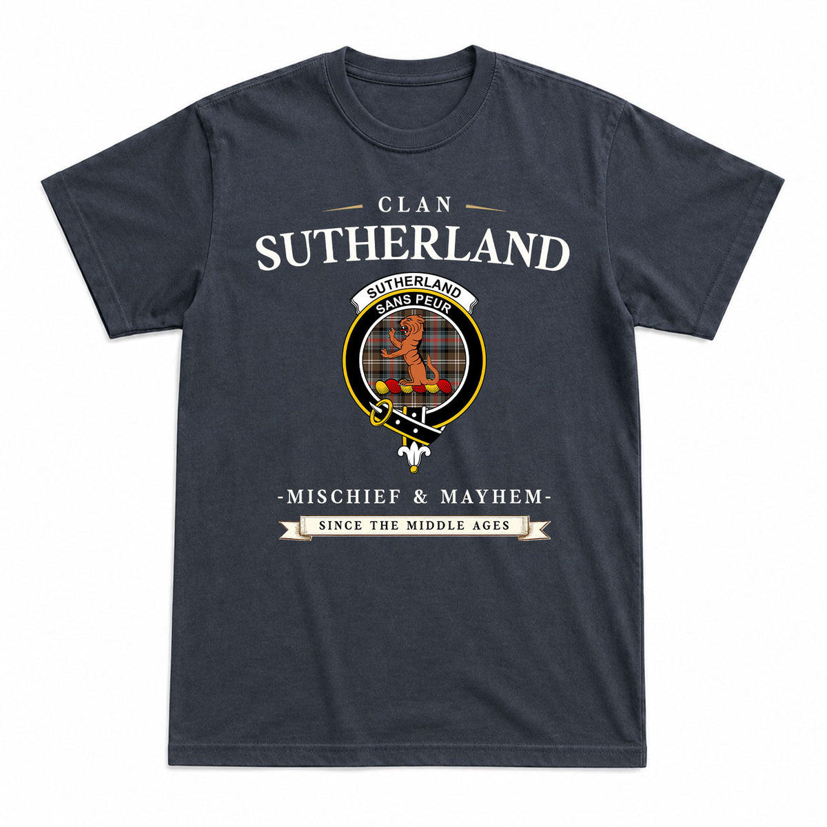 Sutherland Weathered Tartan Crest Mischief and Mayhem T-shirt
