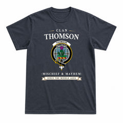Thomson Blue Tartan Crest Mischief and Mayhem T-shirt