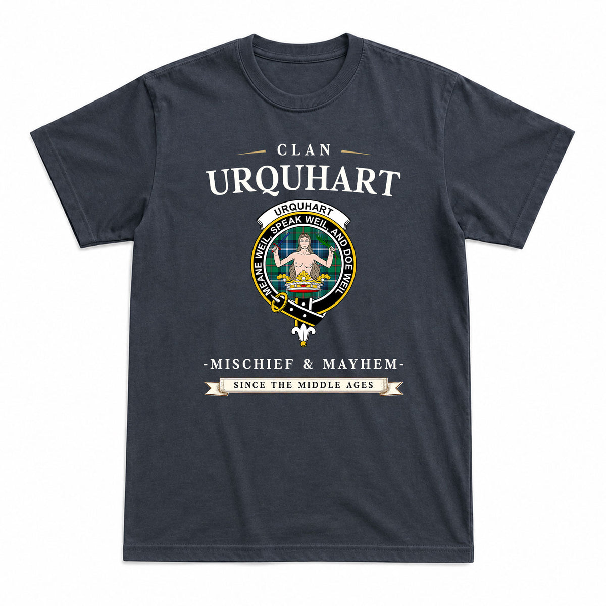 Urquhart Ancient Tartan Crest Mischief and Mayhem T-shirt