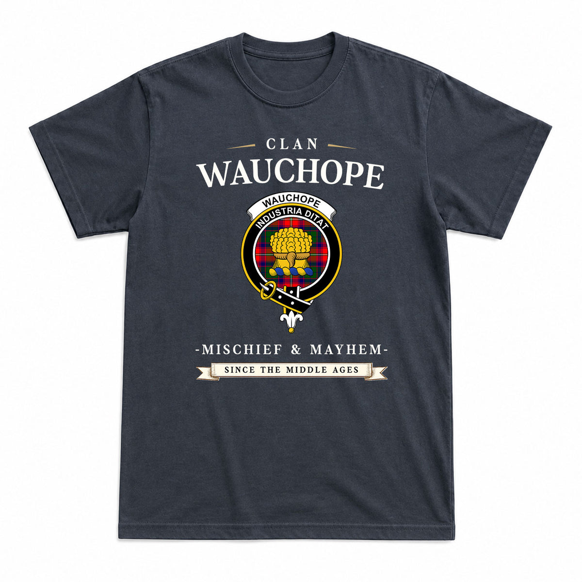Wauchope (or Waugh) Tartan Crest Mischief and Mayhem T-shirt