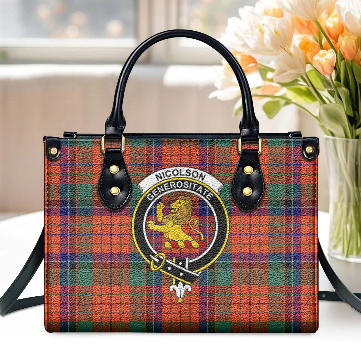 Nicolson Ancient Old Tartan Crest Leather Handbag