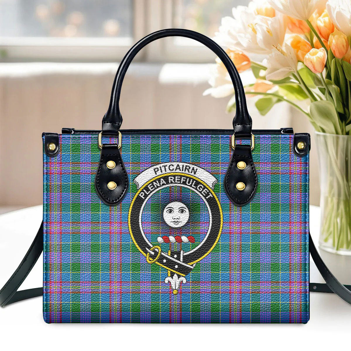 Pitcairn Hunting Tartan Crest Leather Handbag