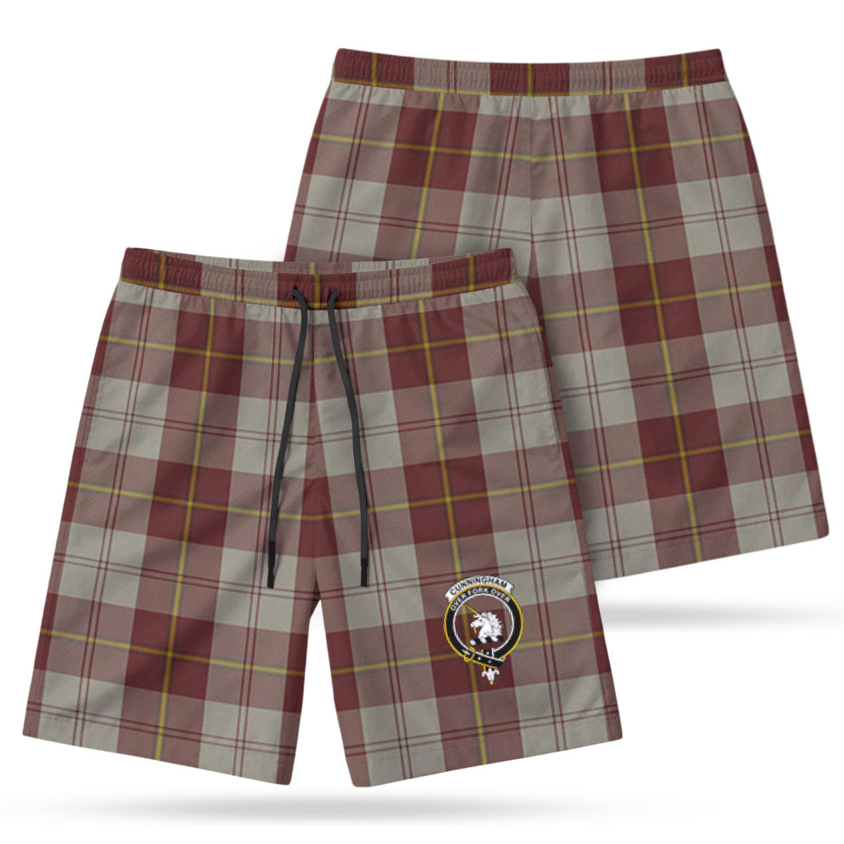Cunningham Burgundy Dancers Tartan Crest Men's Beach Shorts