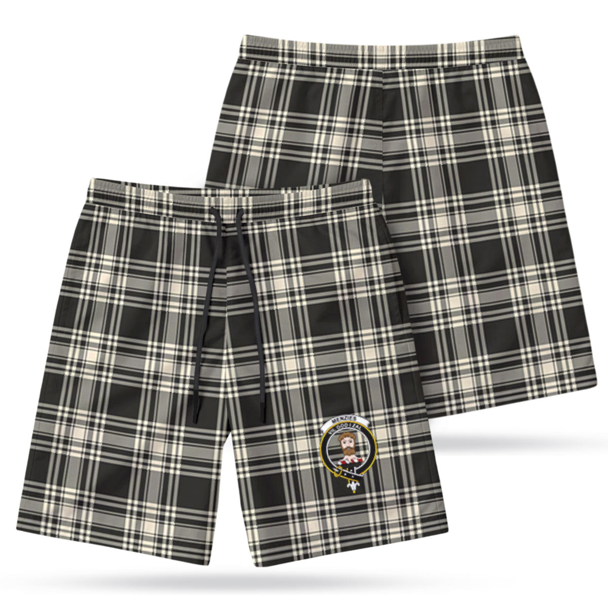 Menzies Black - White Ancient Tartan Crest Men's Beach Shorts