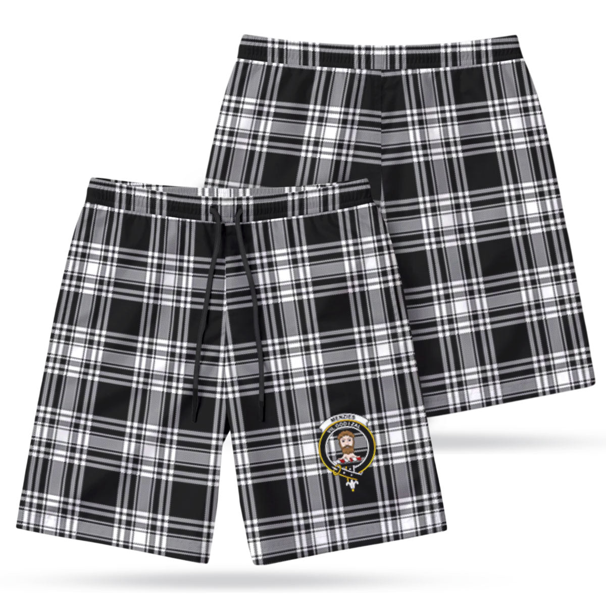 Menzies Black - White Modern Tartan Crest Men's Beach Shorts