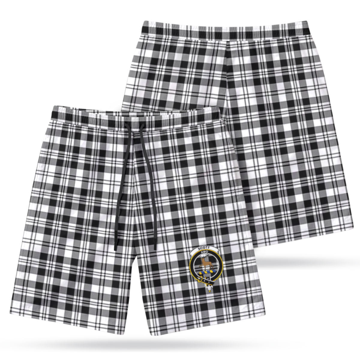 Scott Black & White Modern Tartan Crest Men's Beach Shorts