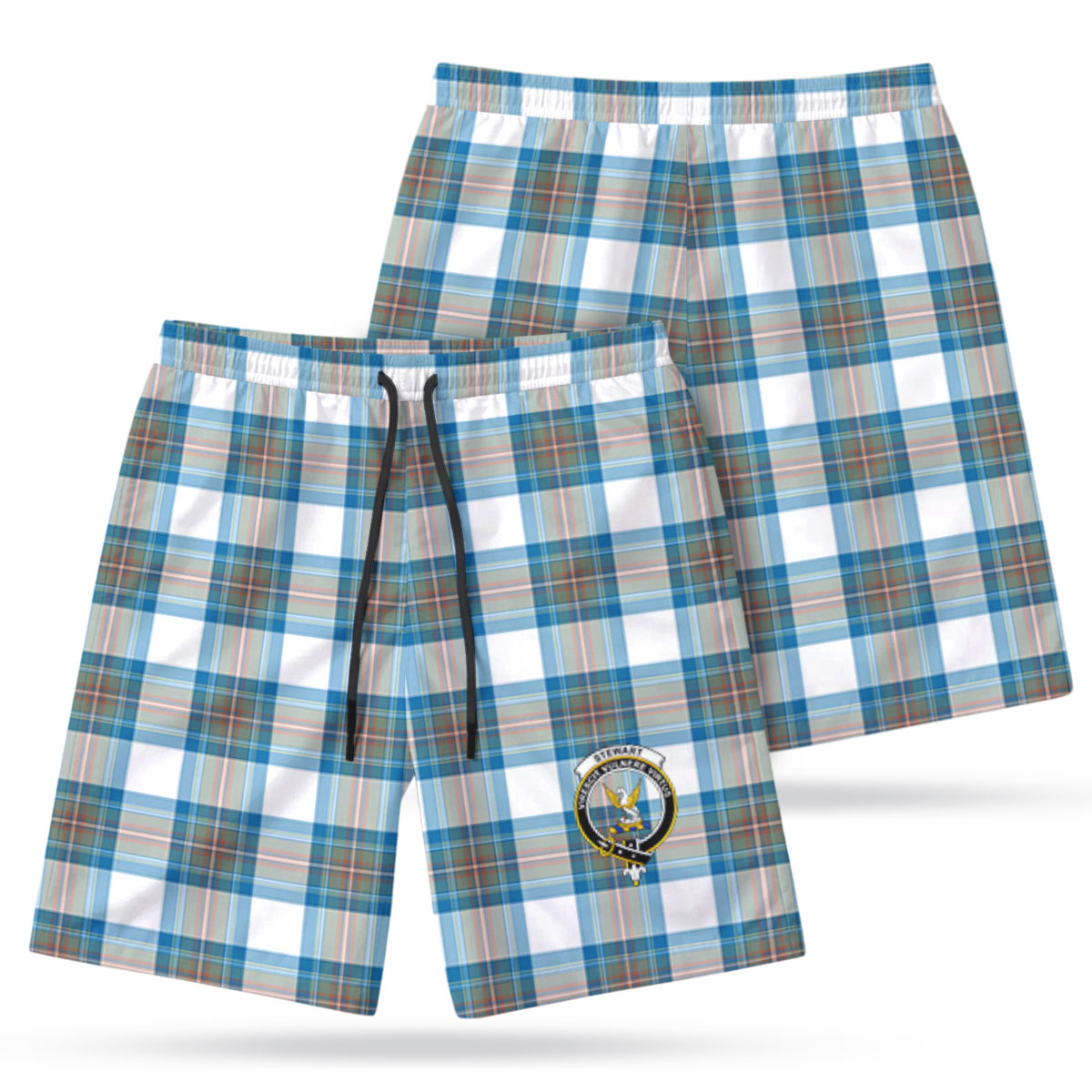 Stewart Muted Blue Tartan Crest Men's Beach Shorts