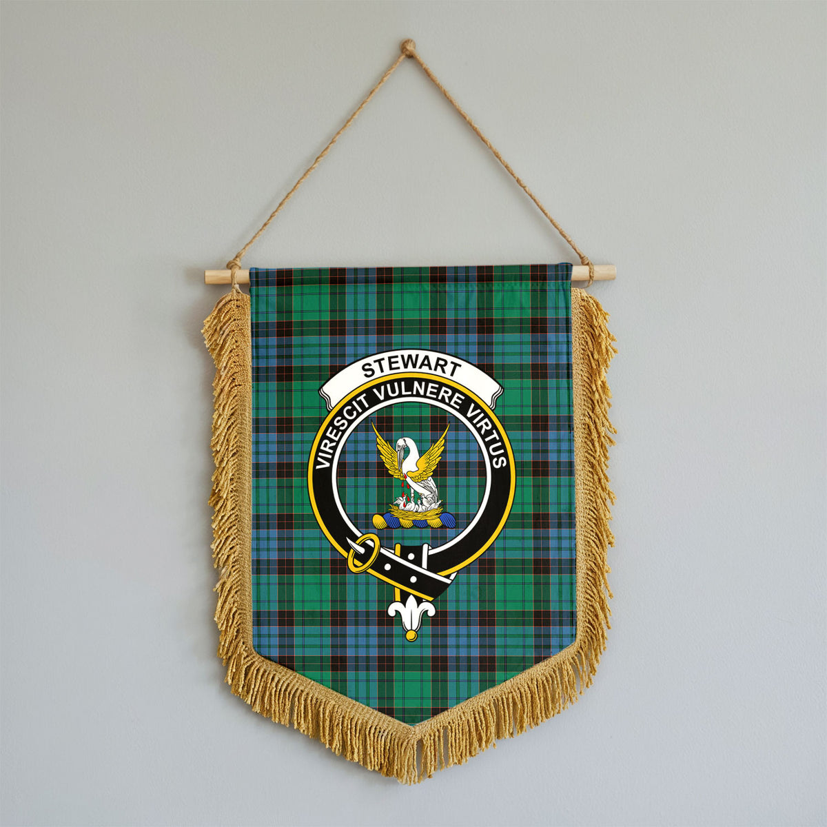 Stewart Old Ancient Tartan Crest Wall Hanging Banner - Wood Pole
