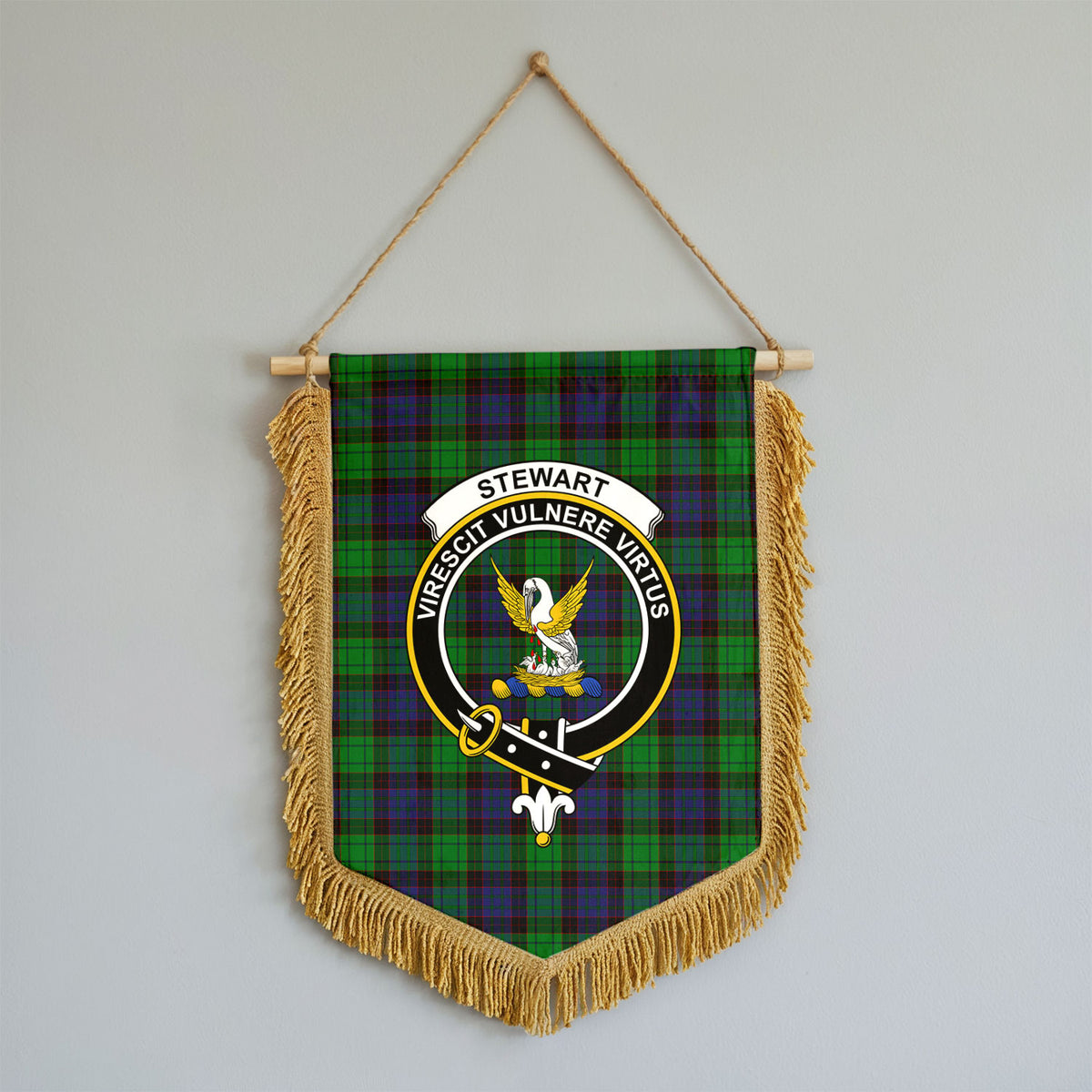 Stewart Old Modern Tartan Crest Wall Hanging Banner - Wood Pole
