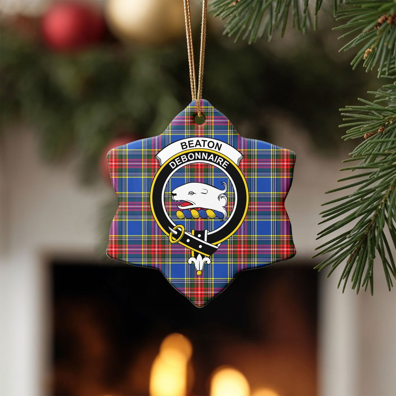 Beaton Modern Tartan Crest Christmas Ceramic Ornament