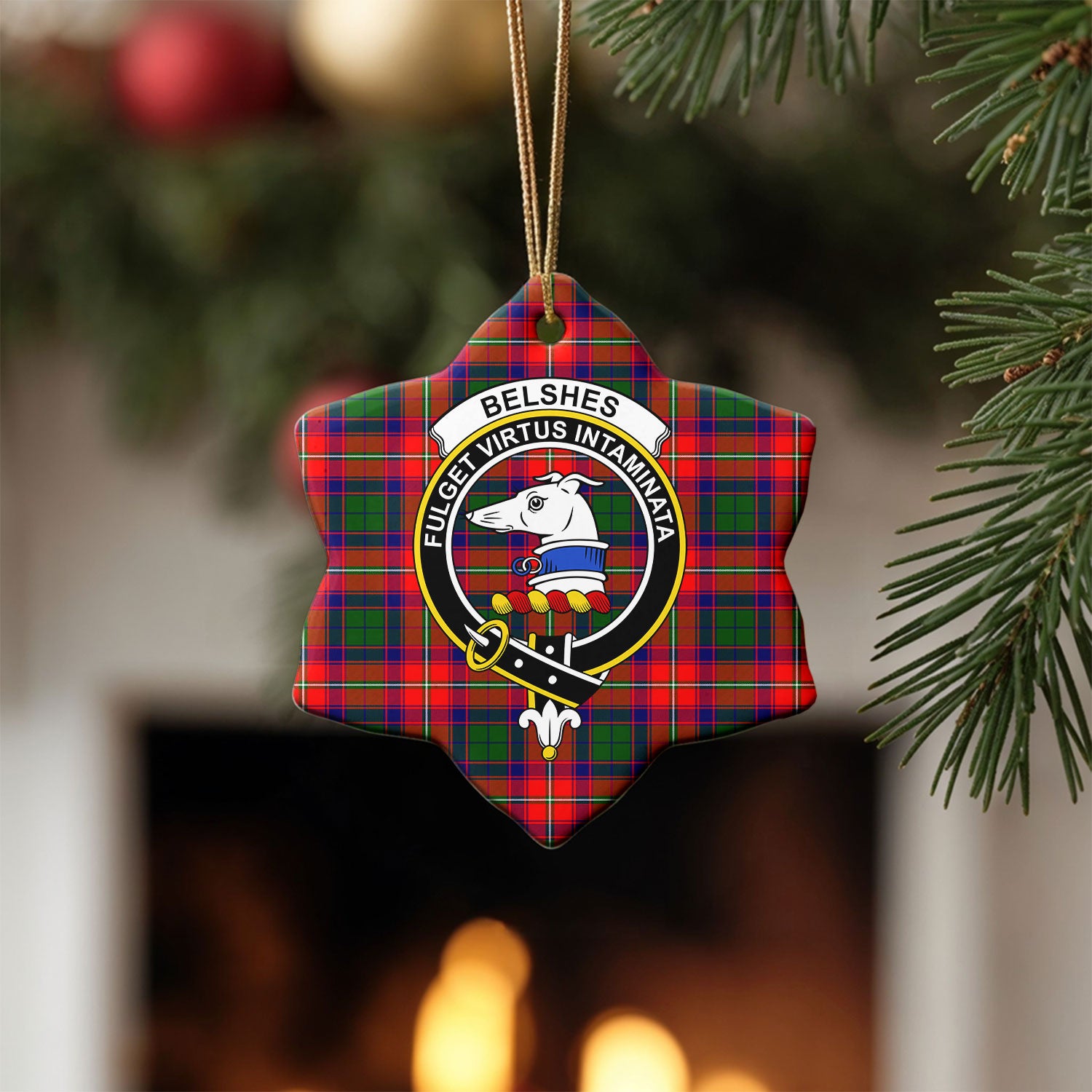 Belshes Tartan Crest Christmas Ceramic Ornament