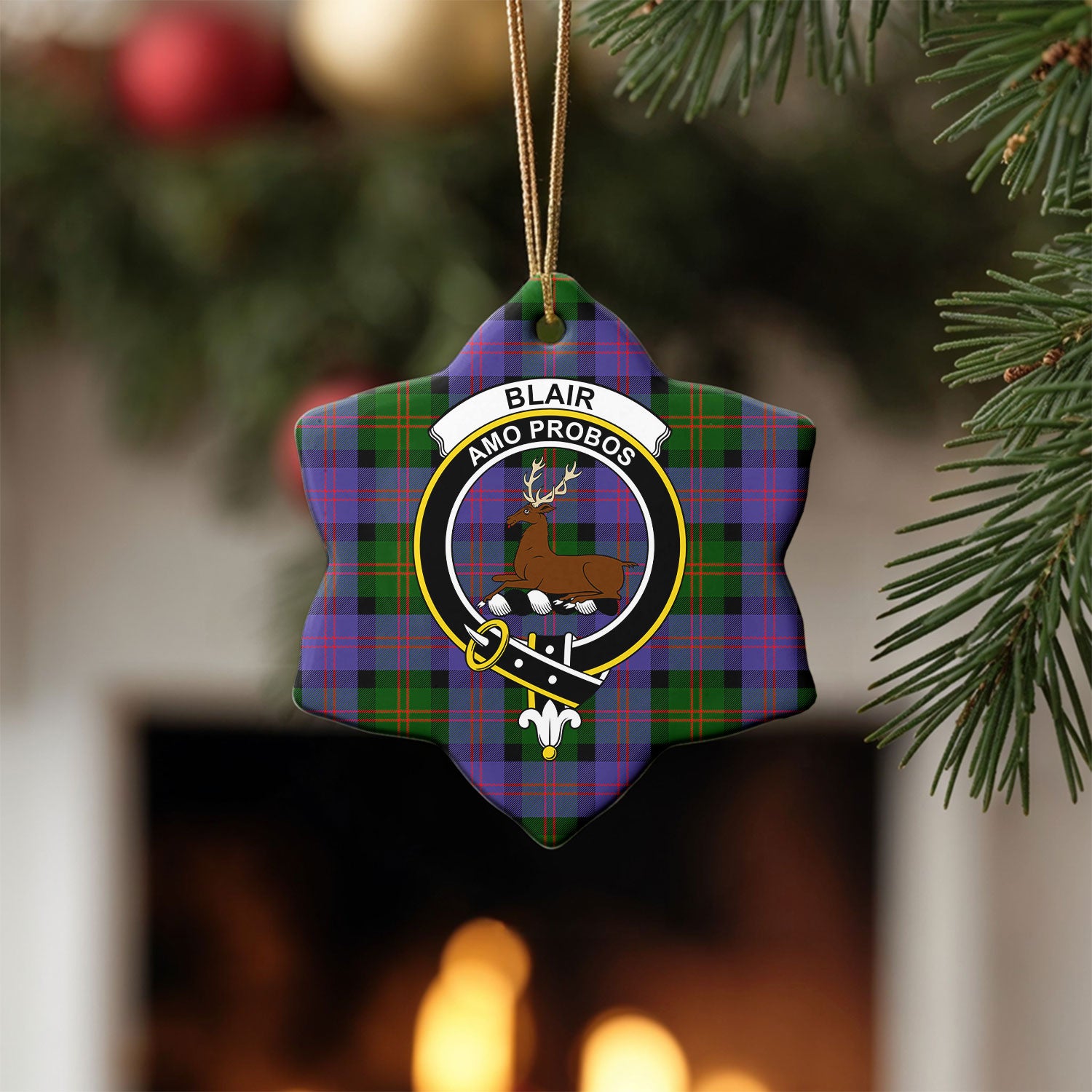 Blair Modern Tartan Crest Christmas Ceramic Ornament