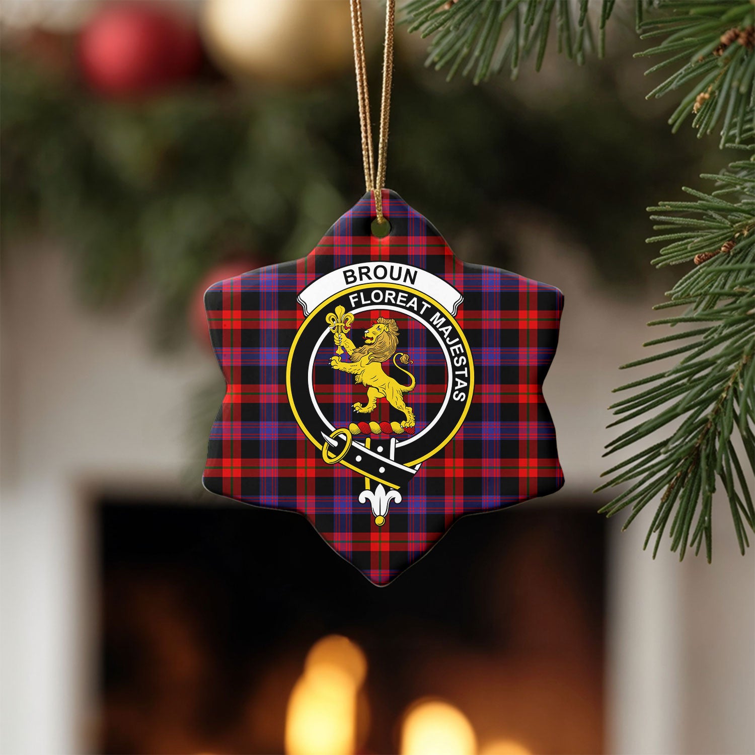 Broun Modern Tartan Crest Christmas Ceramic Ornament