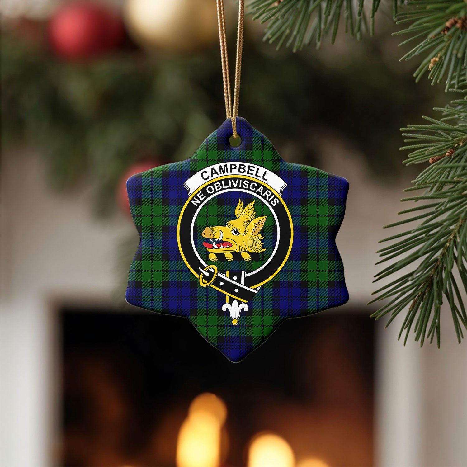 Campbell Modern Tartan Crest Christmas Ceramic Ornament