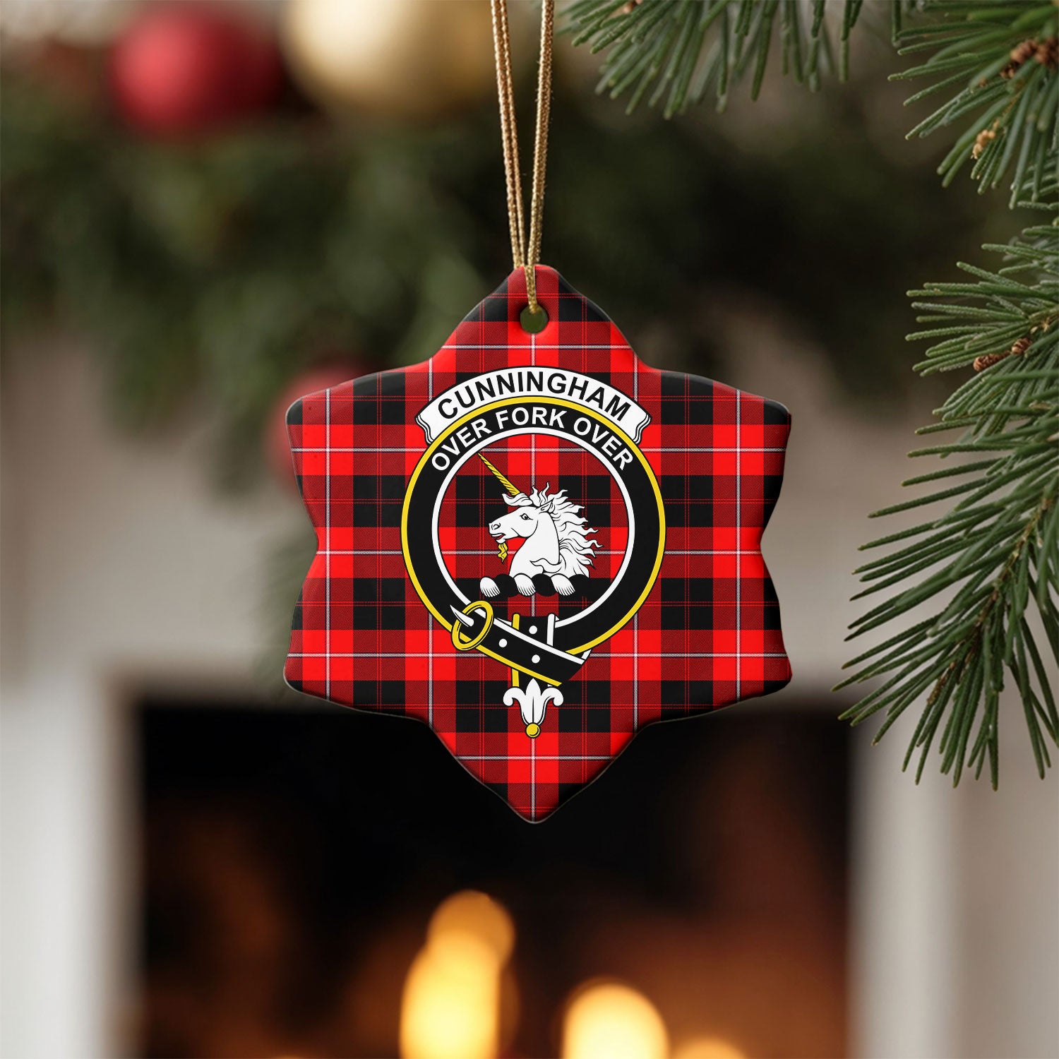 Cunningham Modern Tartan Crest Christmas Ceramic Ornament