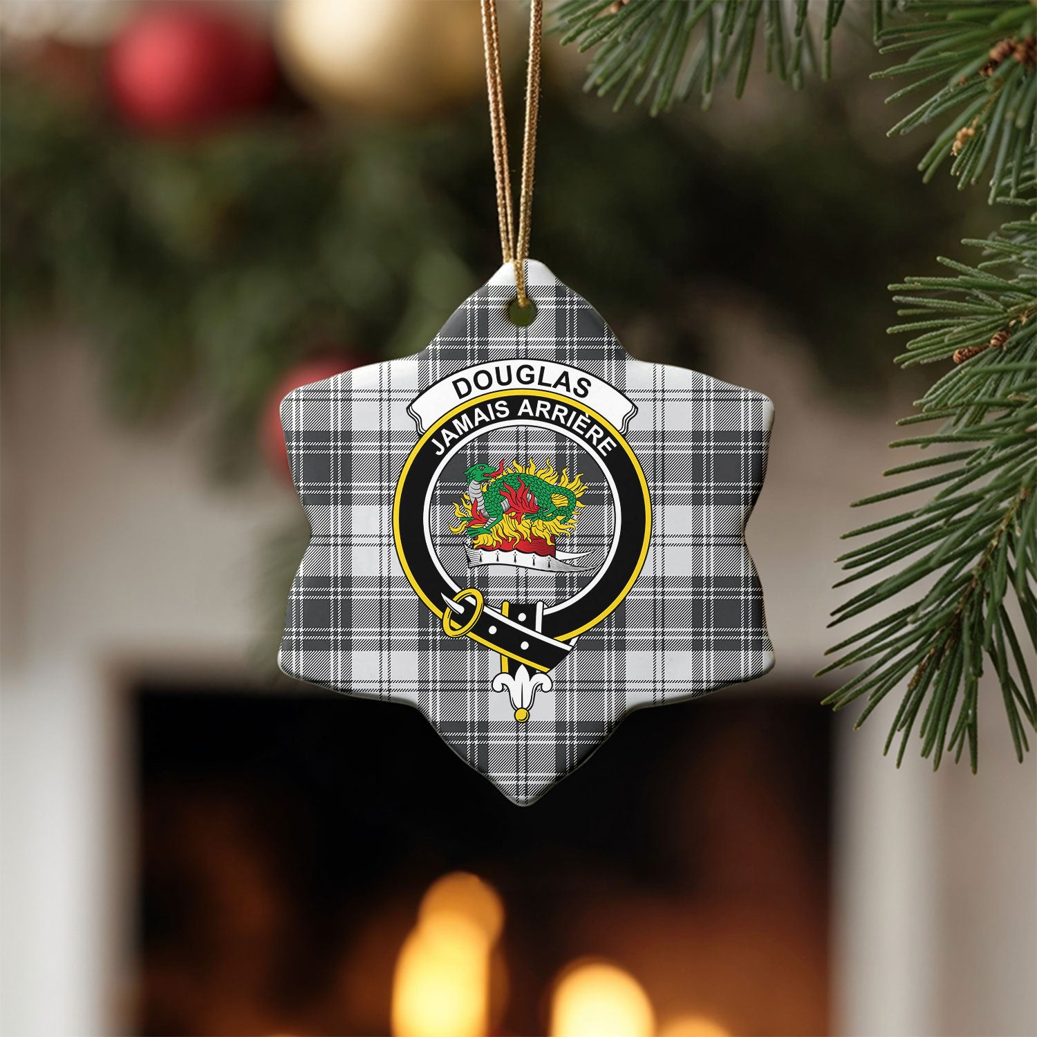 Douglas Grey Modern Tartan Crest Christmas Ceramic Ornament