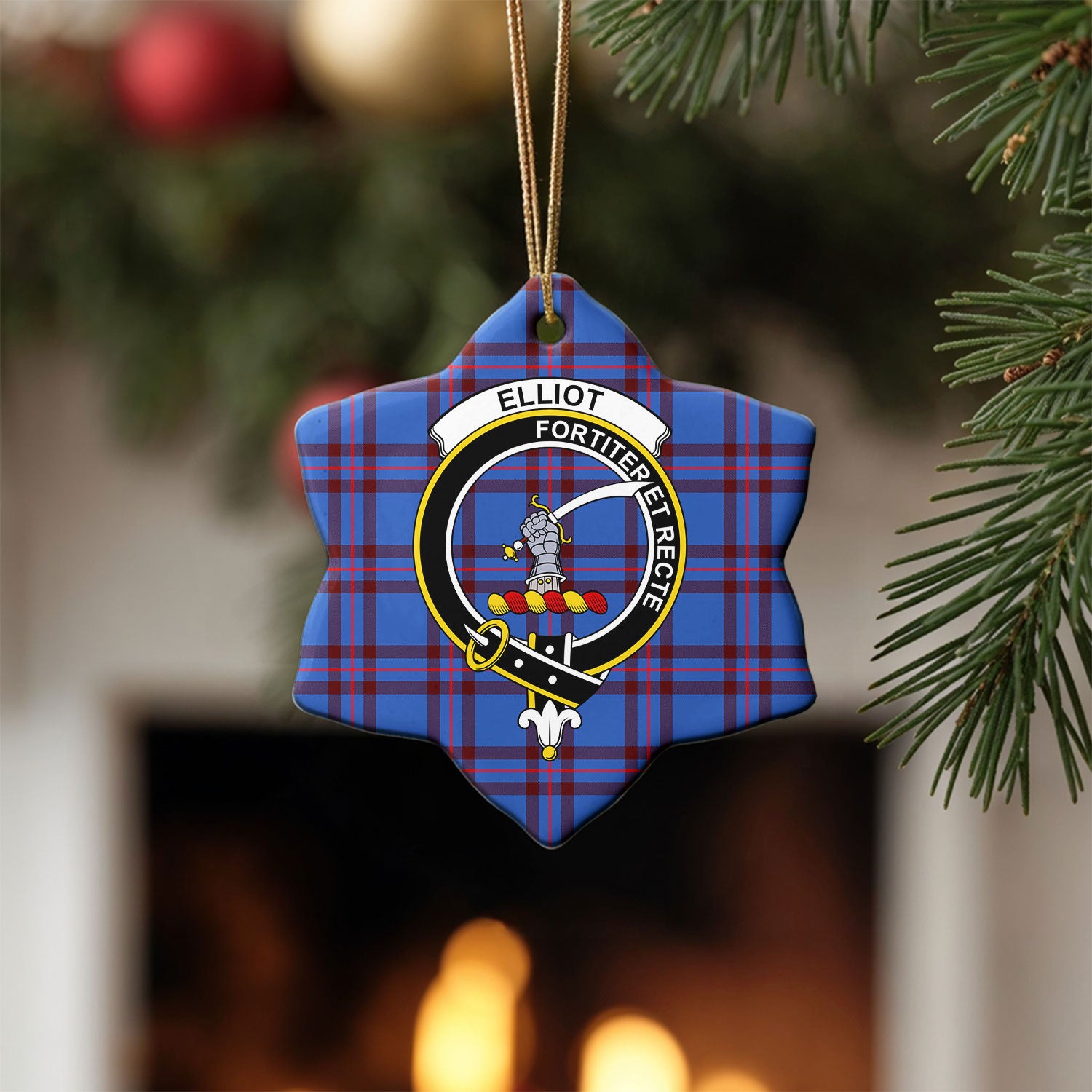 Elliot Modern Tartan Crest Christmas Ceramic Ornament