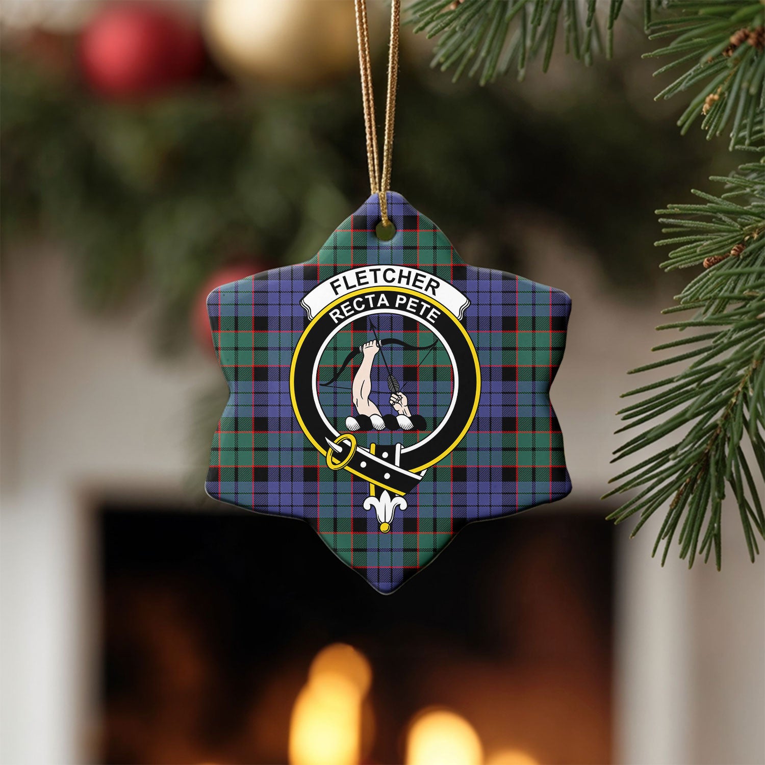 Fletcher Modern Tartan Crest Christmas Ceramic Ornament