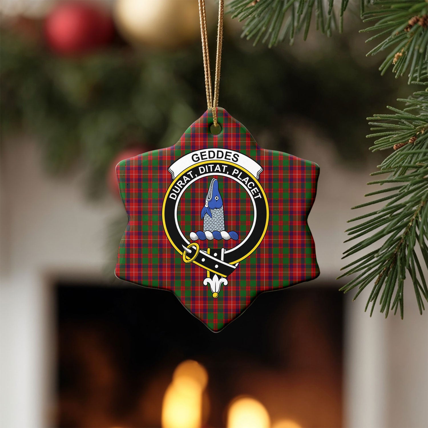 Geddes Tartan Crest Christmas Ceramic Ornament