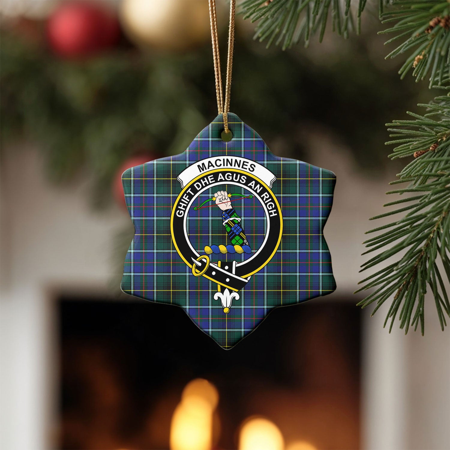 MacInnes Modern Tartan Crest Christmas Ceramic Ornament