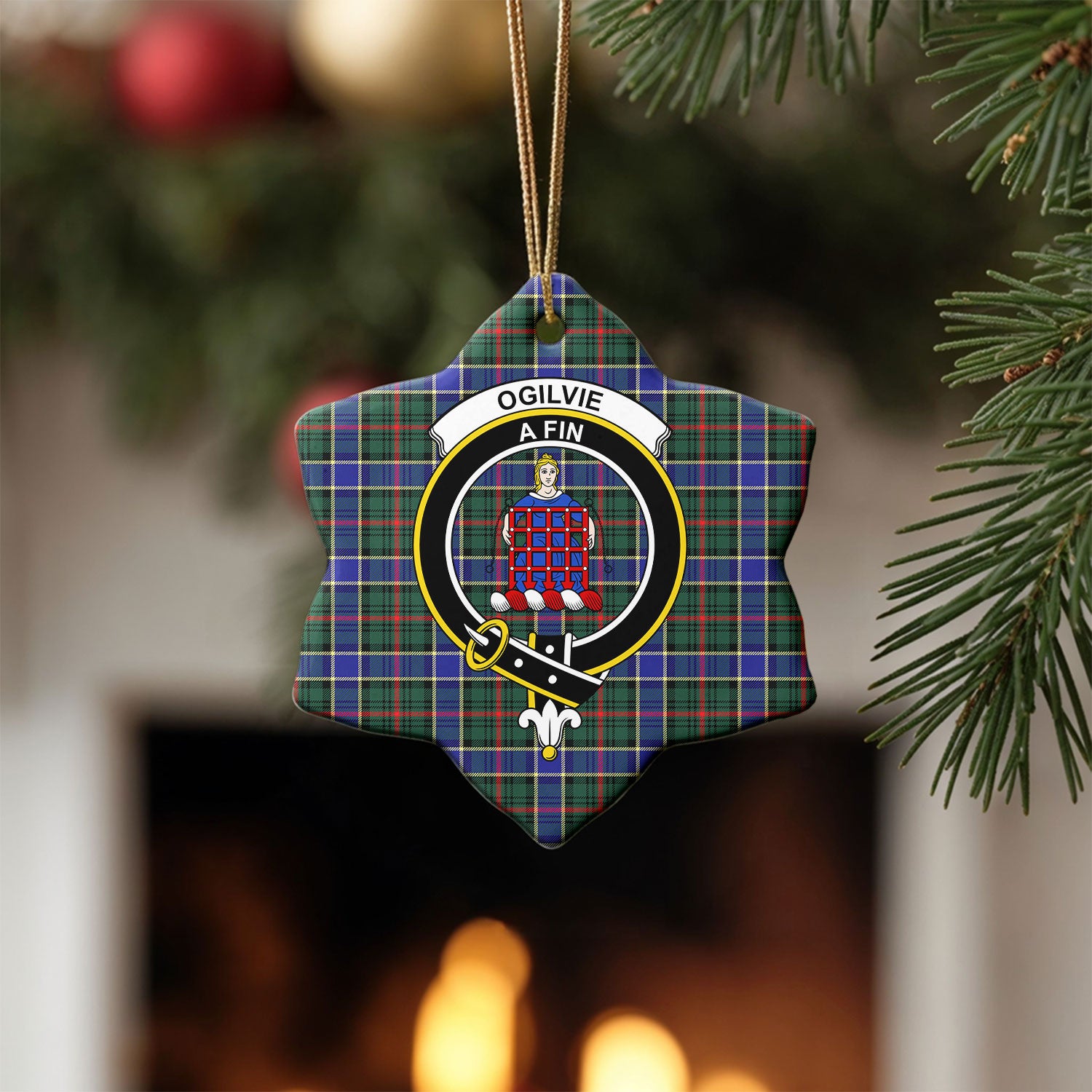 Ogilvie Hunting Modern Tartan Crest Christmas Ceramic Ornament