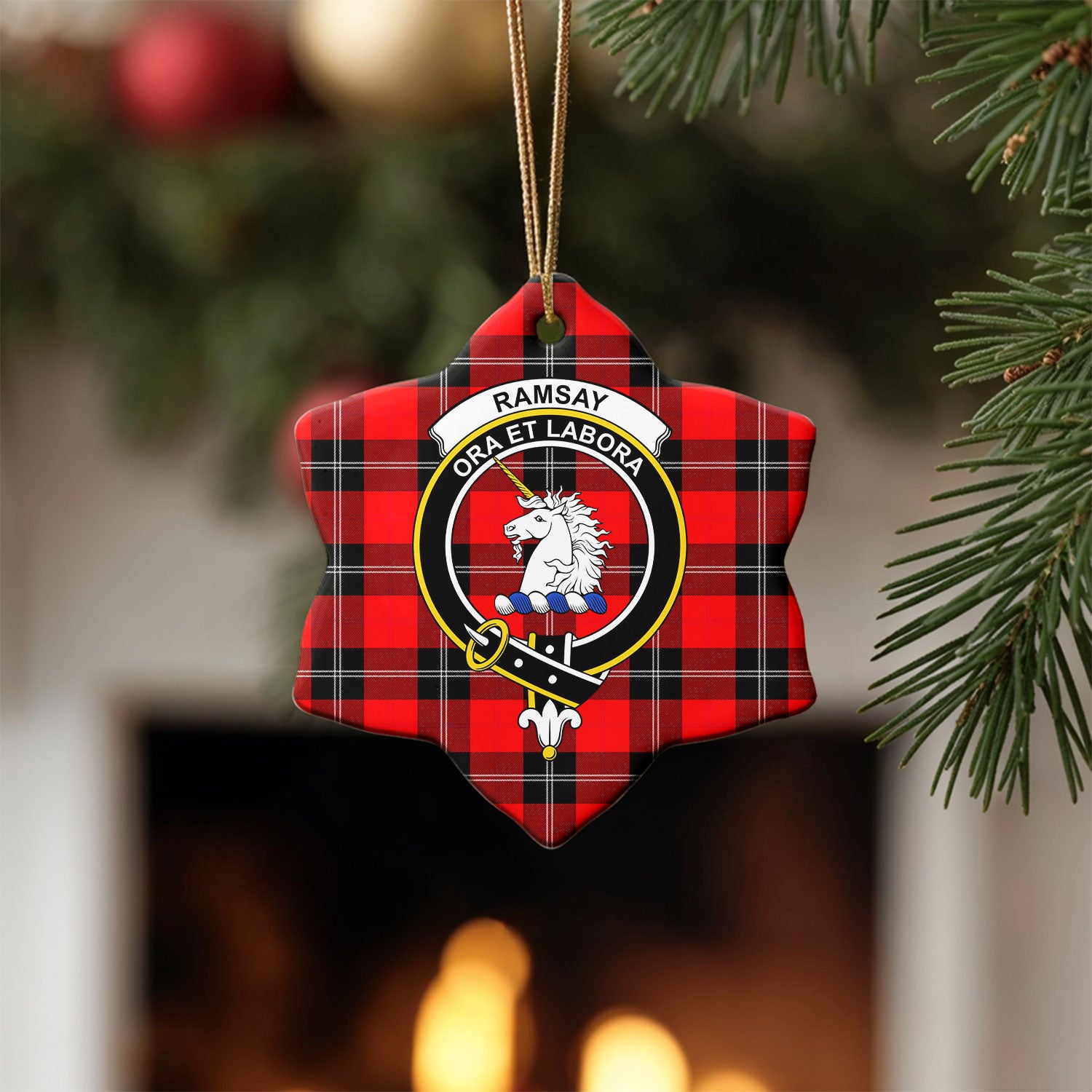 Ramsay Modern Tartan Crest Christmas Ceramic Ornament