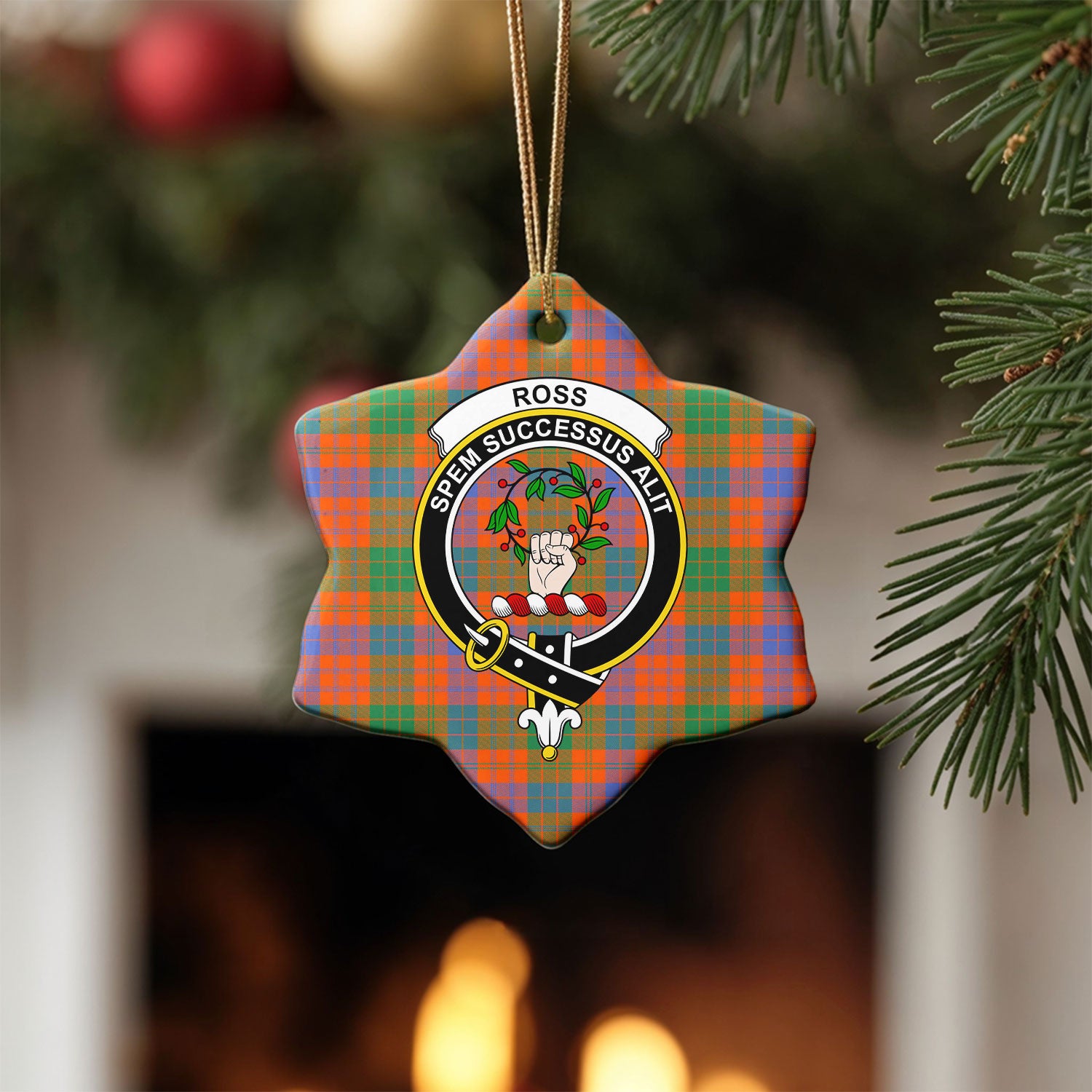 Ross Ancient Tartan Crest Christmas Ceramic Ornament