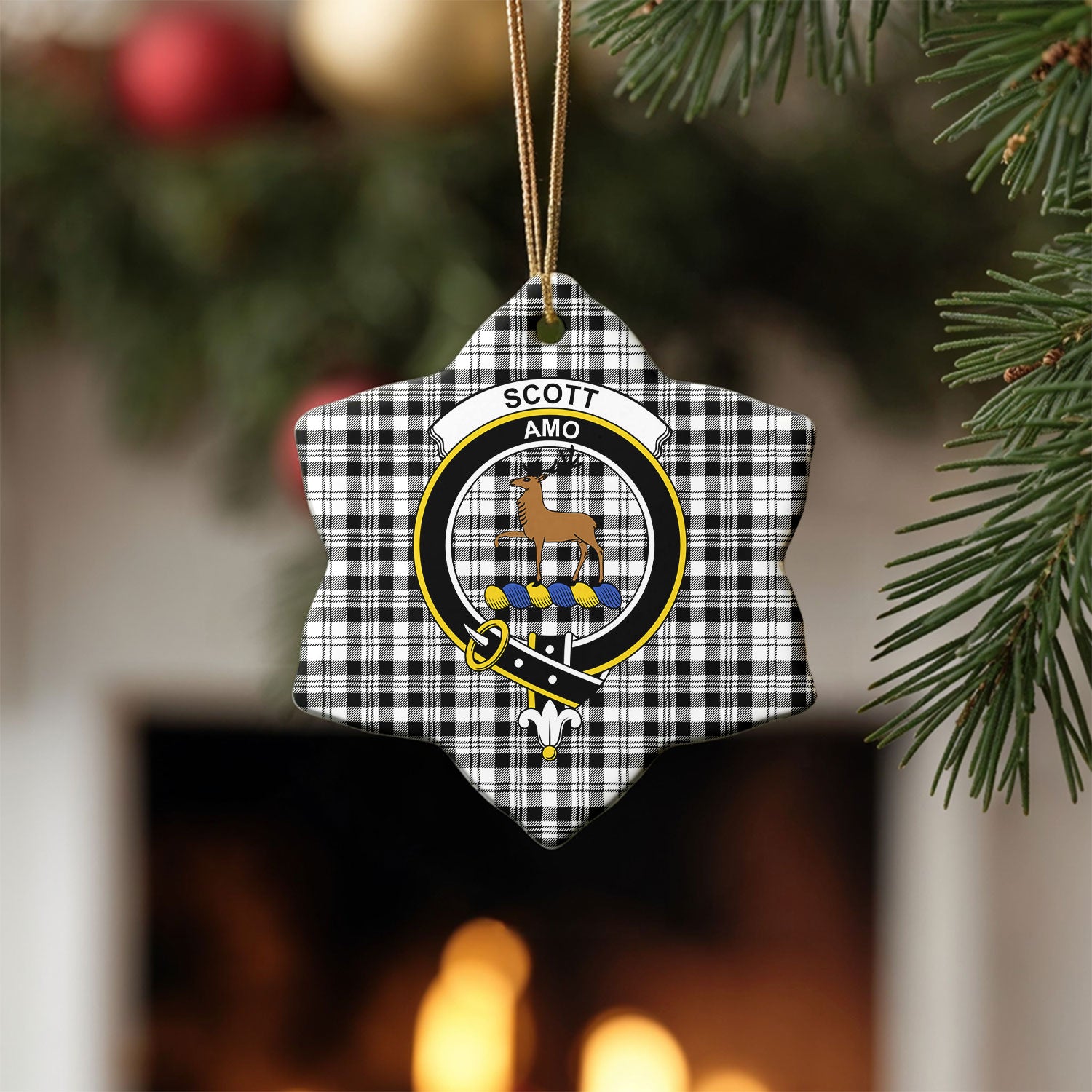 Scott Black & White Modern Tartan Crest Christmas Ceramic Ornament