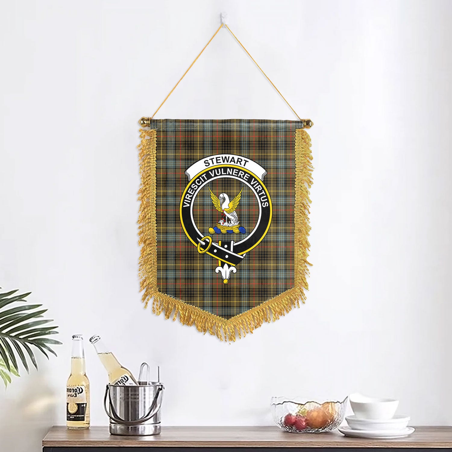 Stewart Hunting Weathered Tartan Crest Wall Hanging Banner