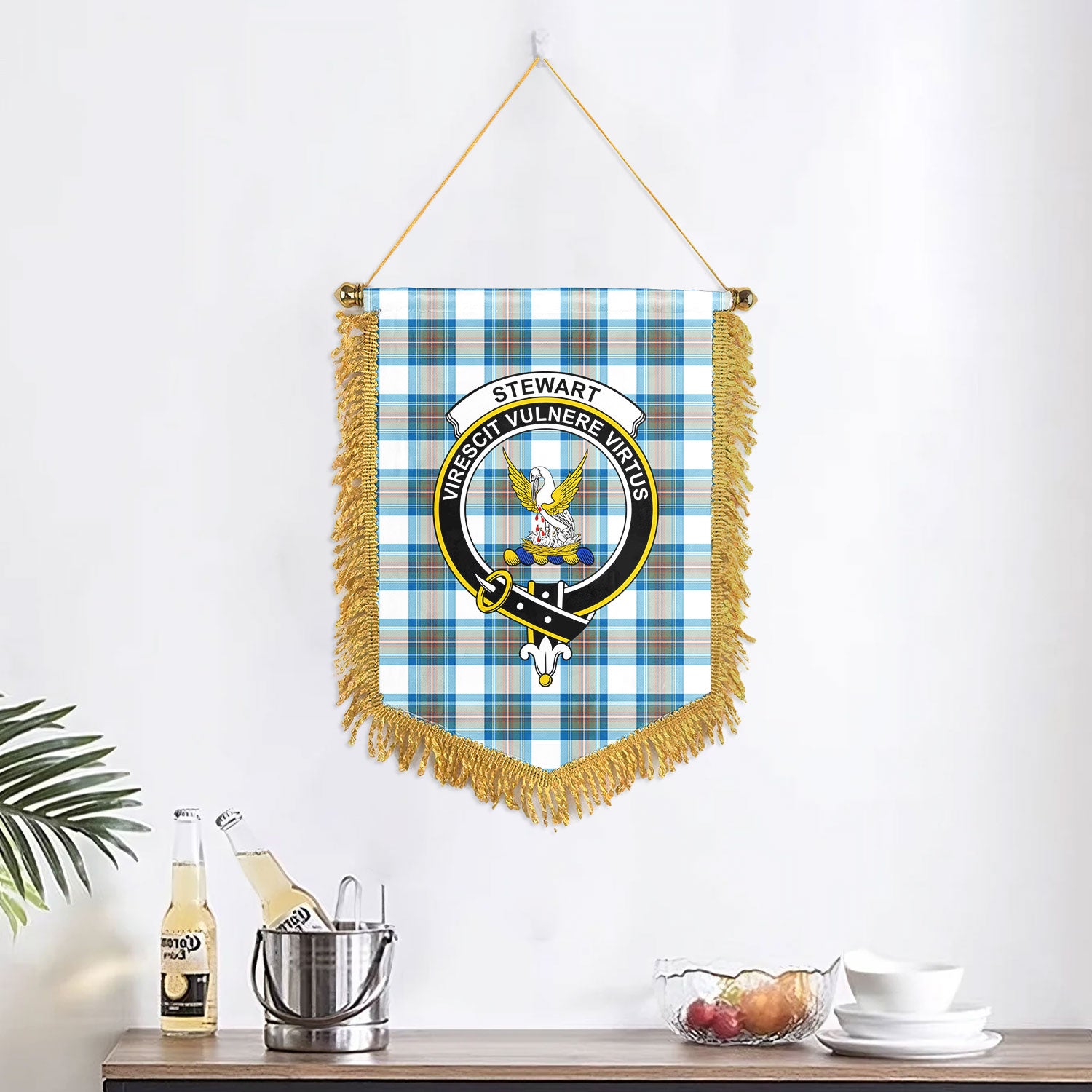 Stewart Muted Blue Tartan Crest Wall Hanging Banner