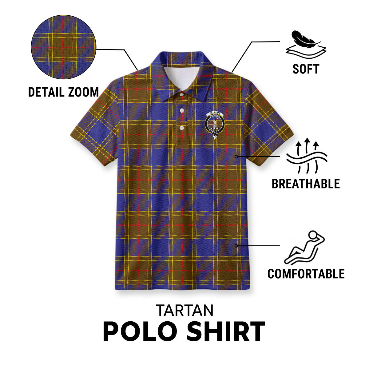 Balfour Modern Tartan Crest Birdseye Mesh Polo Shirt