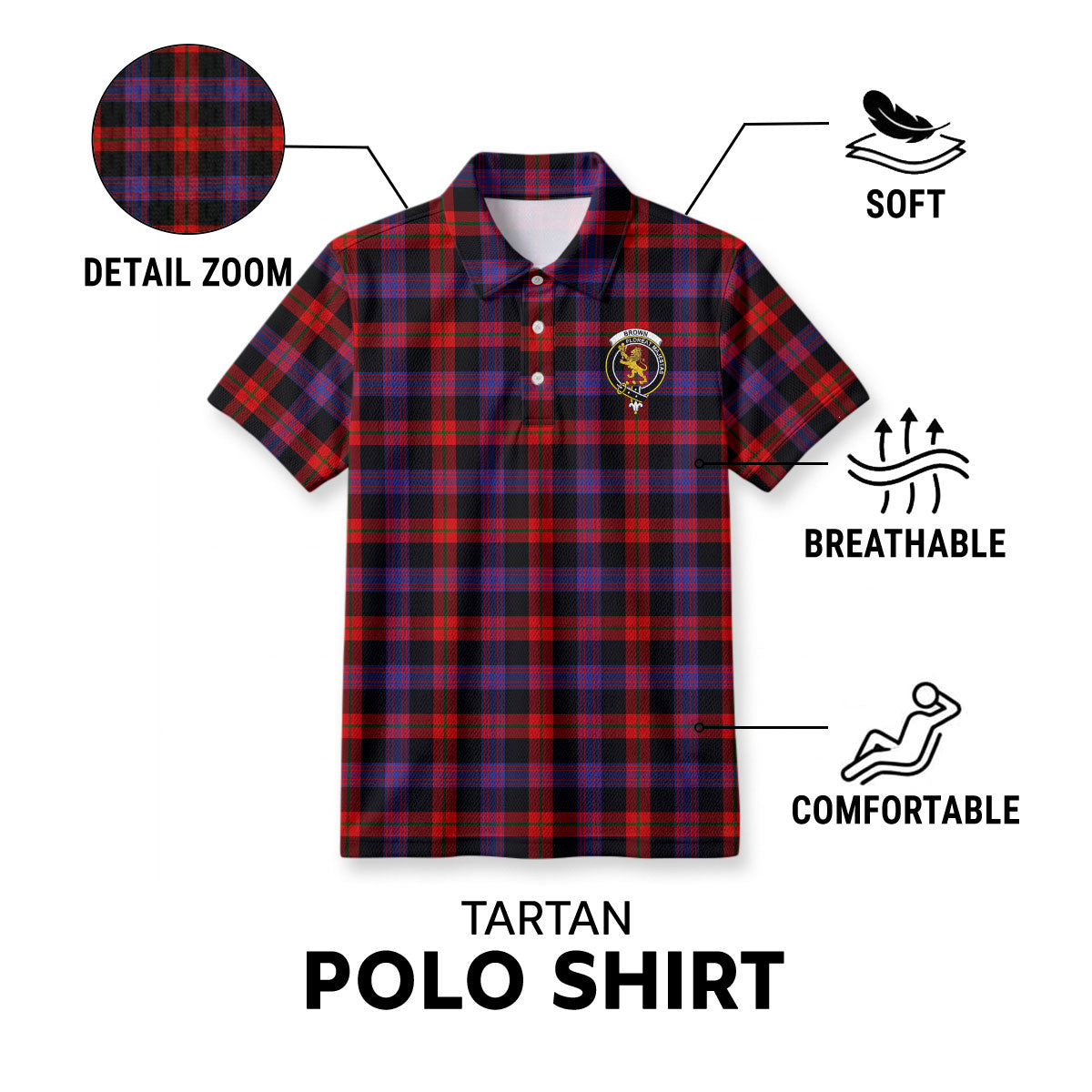 Brown Modern Tartan Crest Birdseye Mesh Polo Shirt