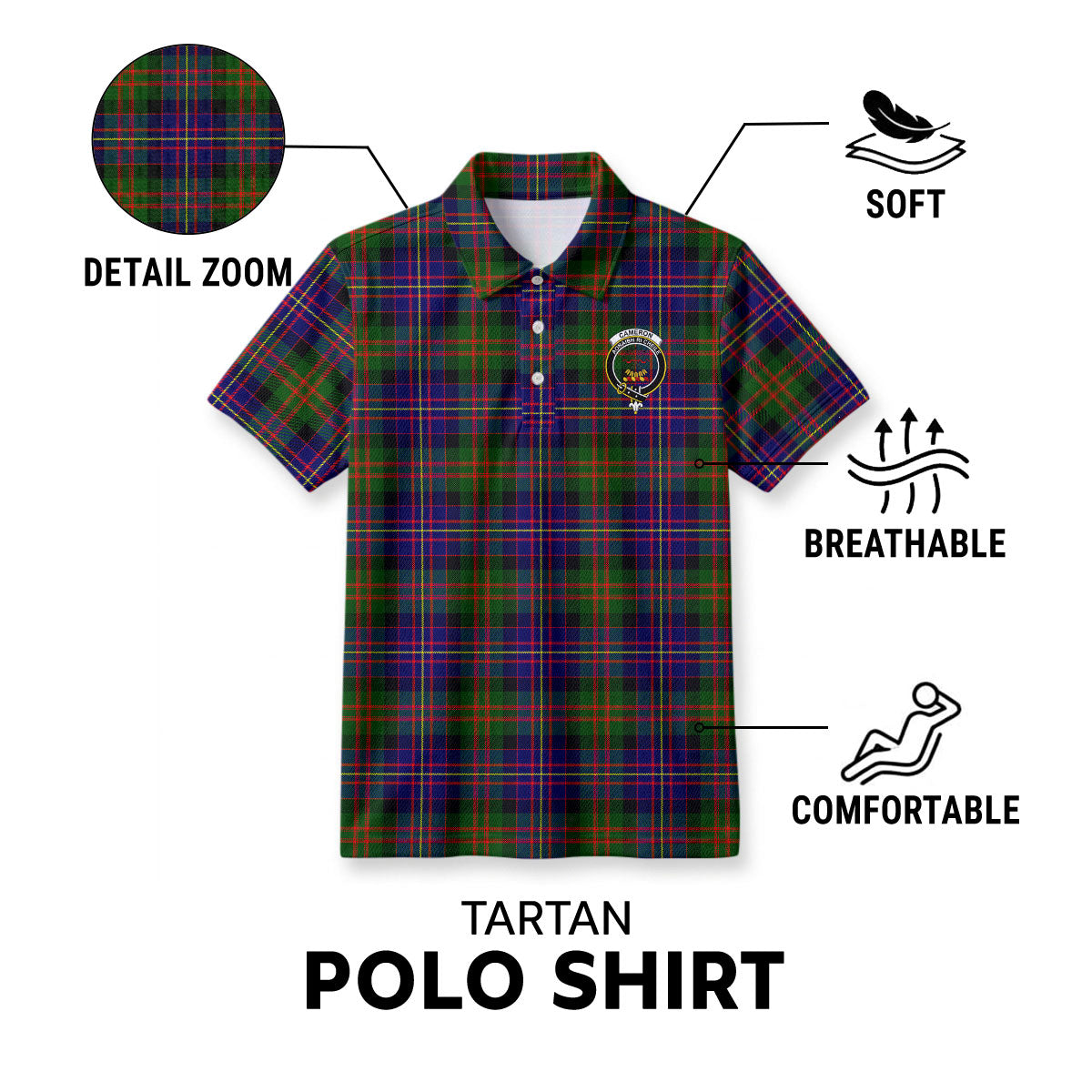 Cameron of Erracht Modern Tartan Crest Birdseye Mesh Polo Shirt