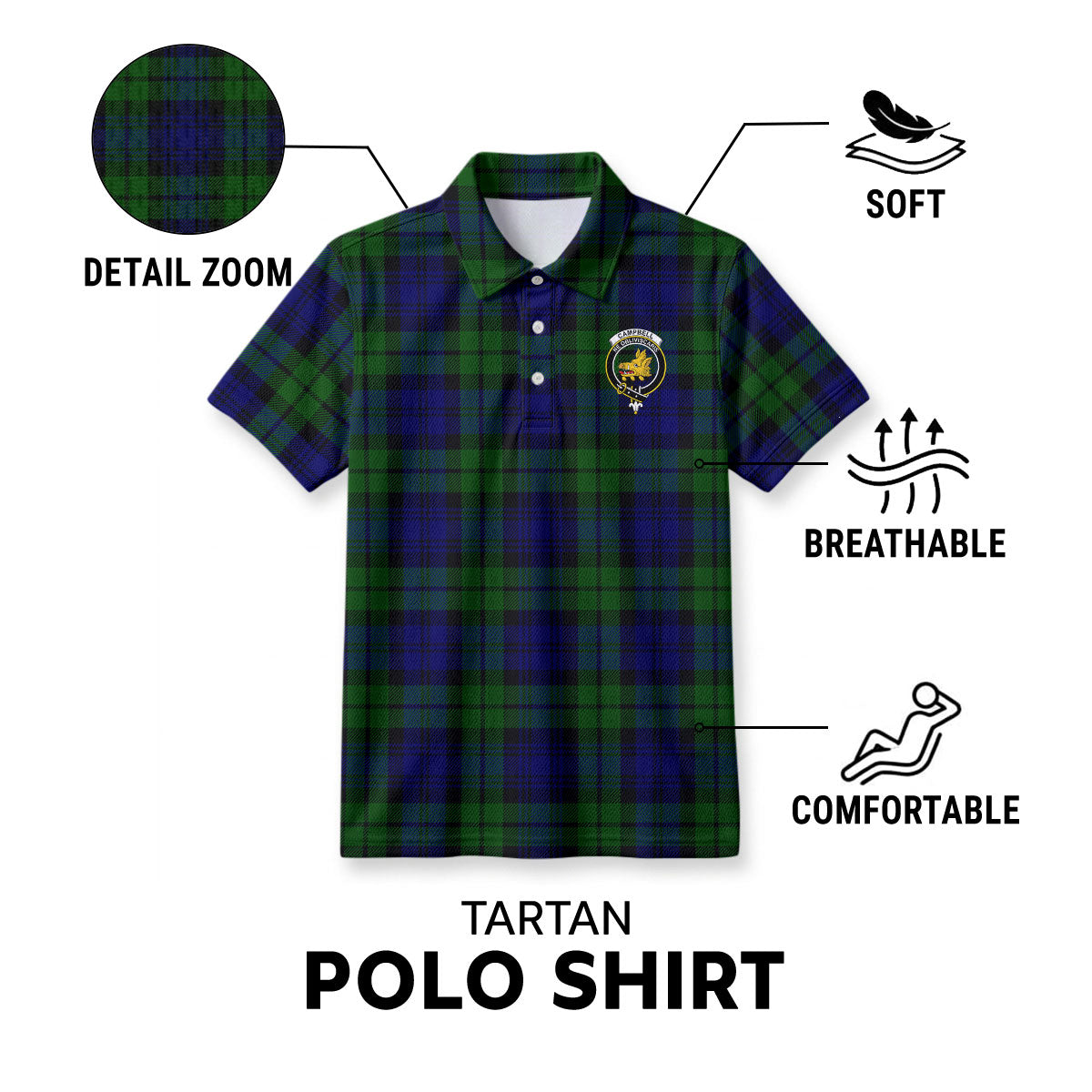 Campbell Modern Tartan Crest Birdseye Mesh Polo Shirt