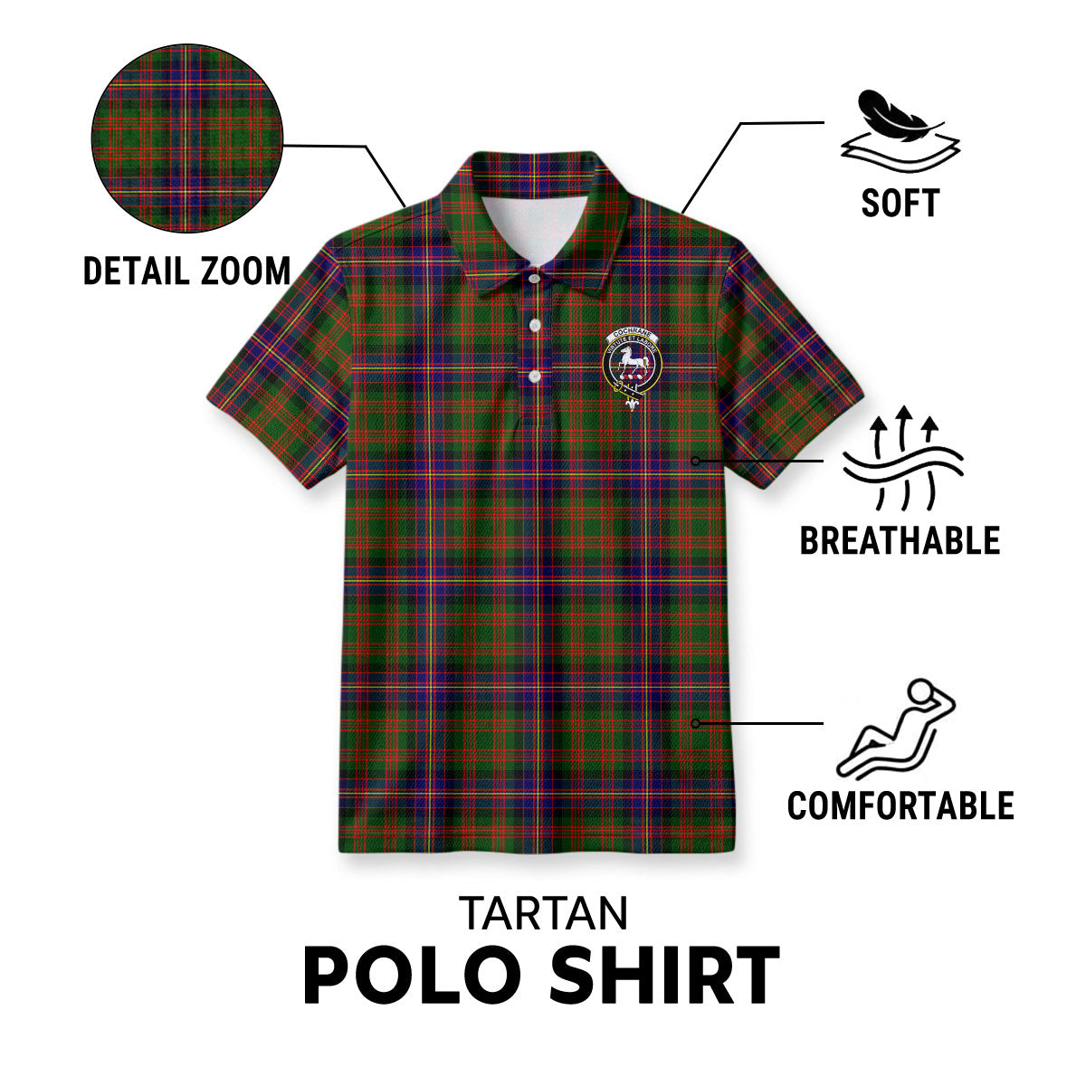 Cochrane Modern Tartan Crest Birdseye Mesh Polo Shirt