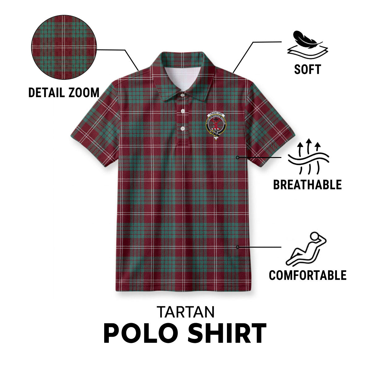Crawford Modern Tartan Crest Birdseye Mesh Polo Shirt