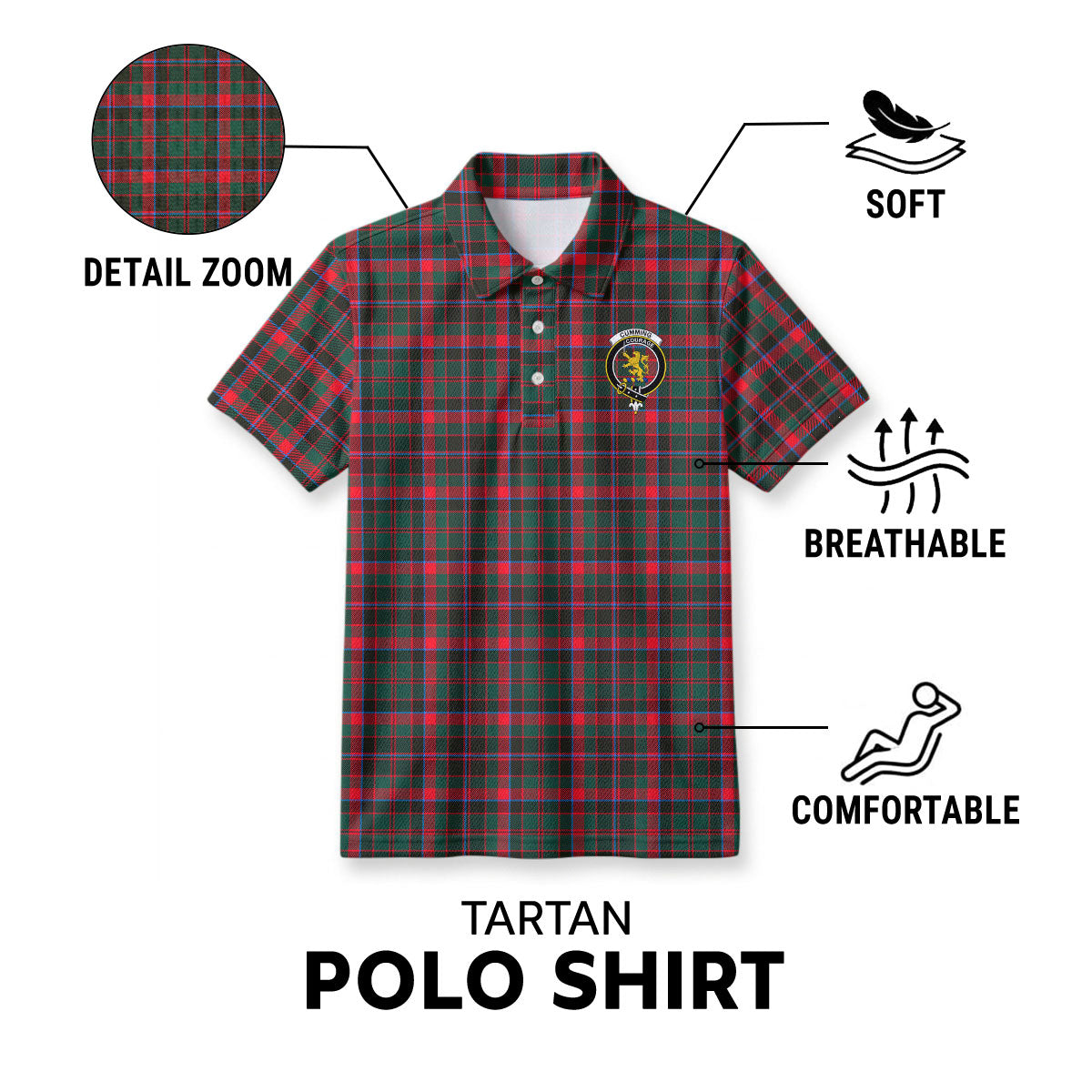 Cumming Hunting Modern Tartan Crest Birdseye Mesh Polo Shirt