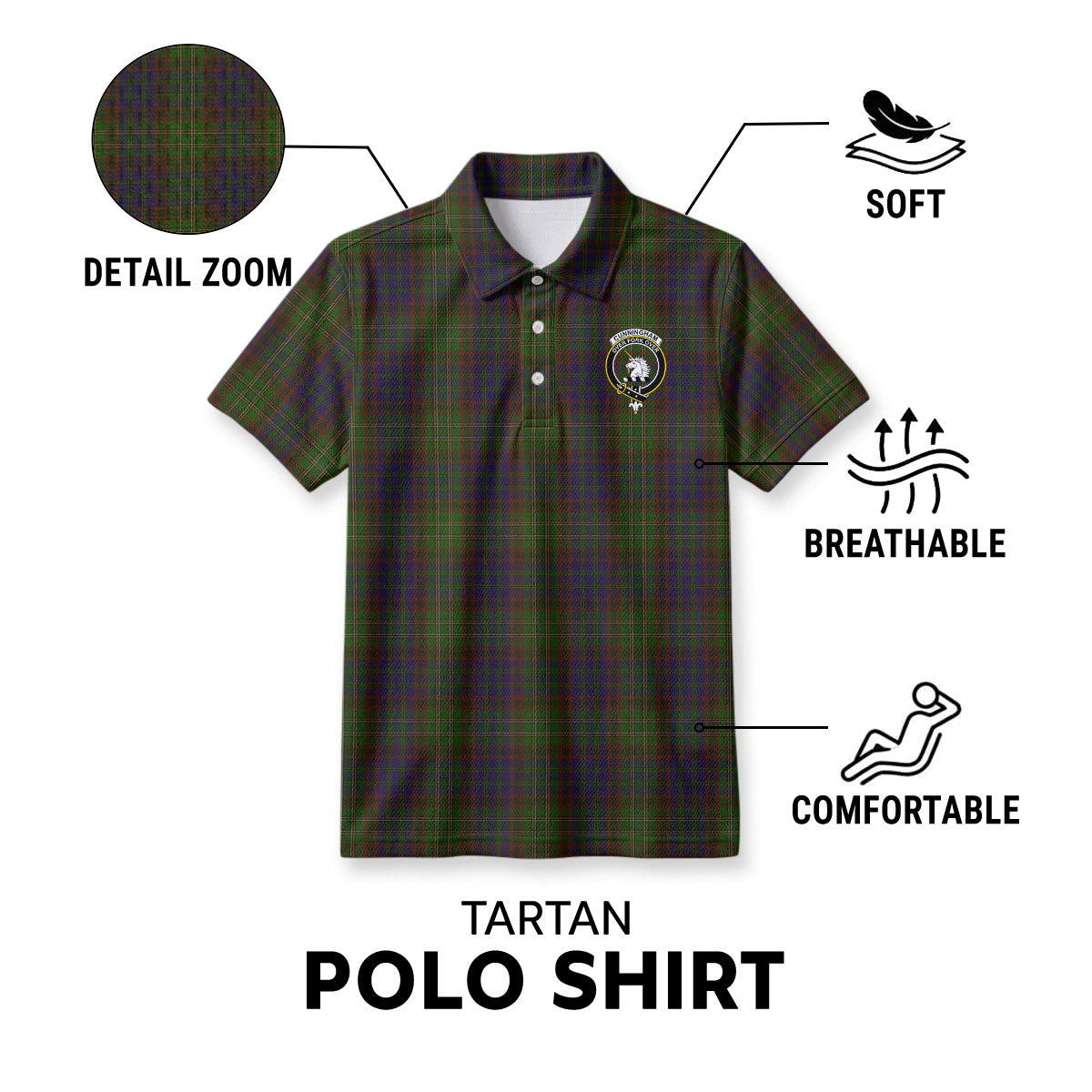 Cunningham Hunting Modern Tartan Crest Birdseye Mesh Polo Shirt
