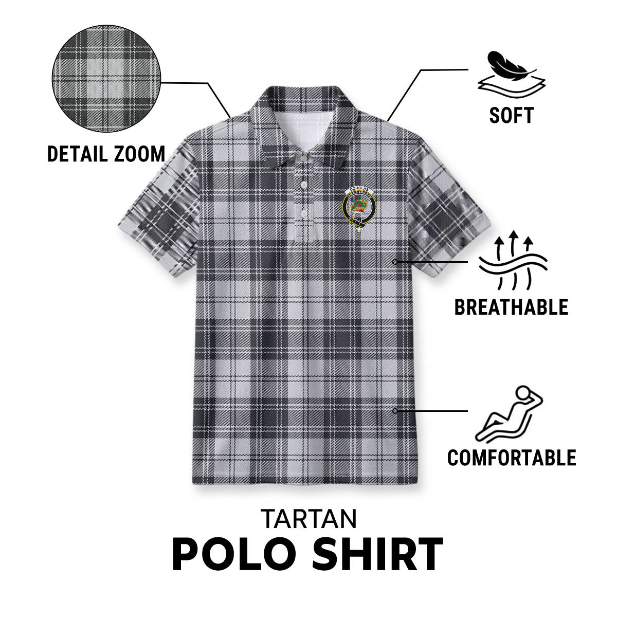 Douglas Grey Modern Tartan Crest Birdseye Mesh Polo Shirt