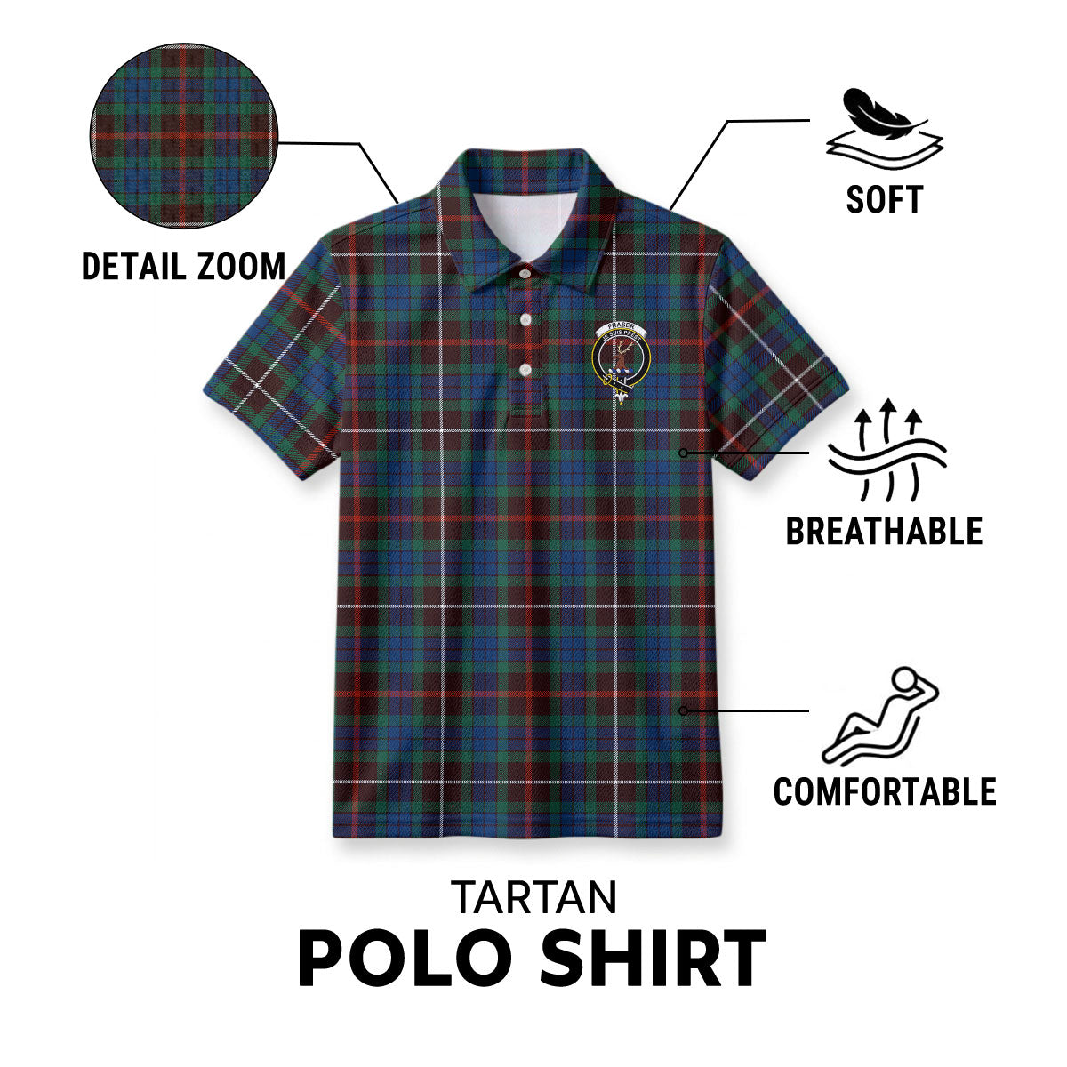 Fraser (of Lovat) Hunting Ancient Tartan Crest Birdseye Mesh Polo Shirt