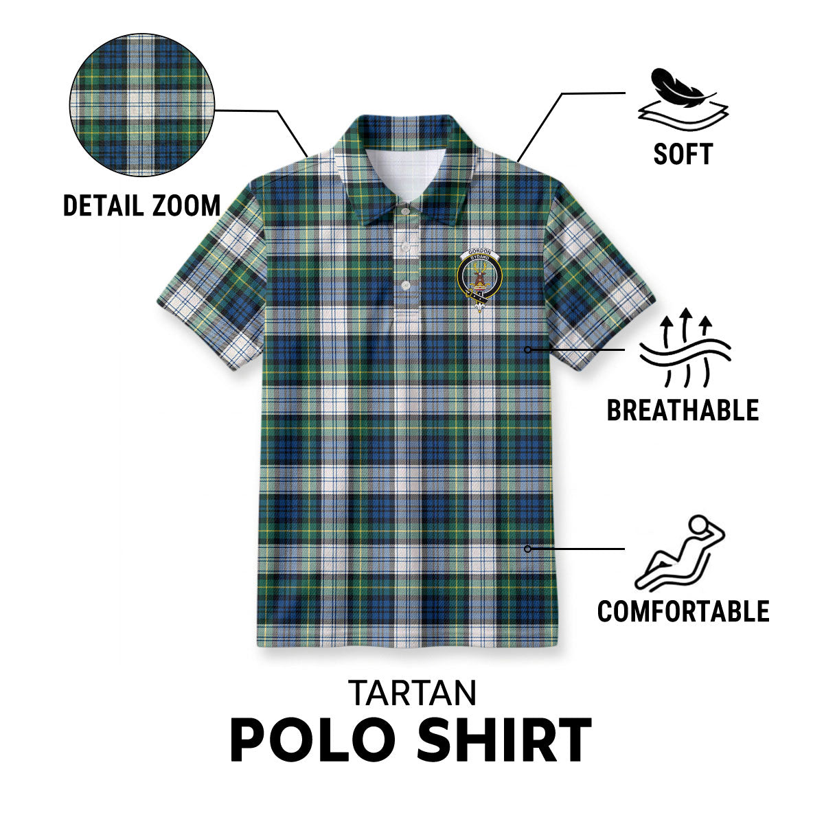 Gordon Dress Ancient Tartan Crest Birdseye Mesh Polo Shirt