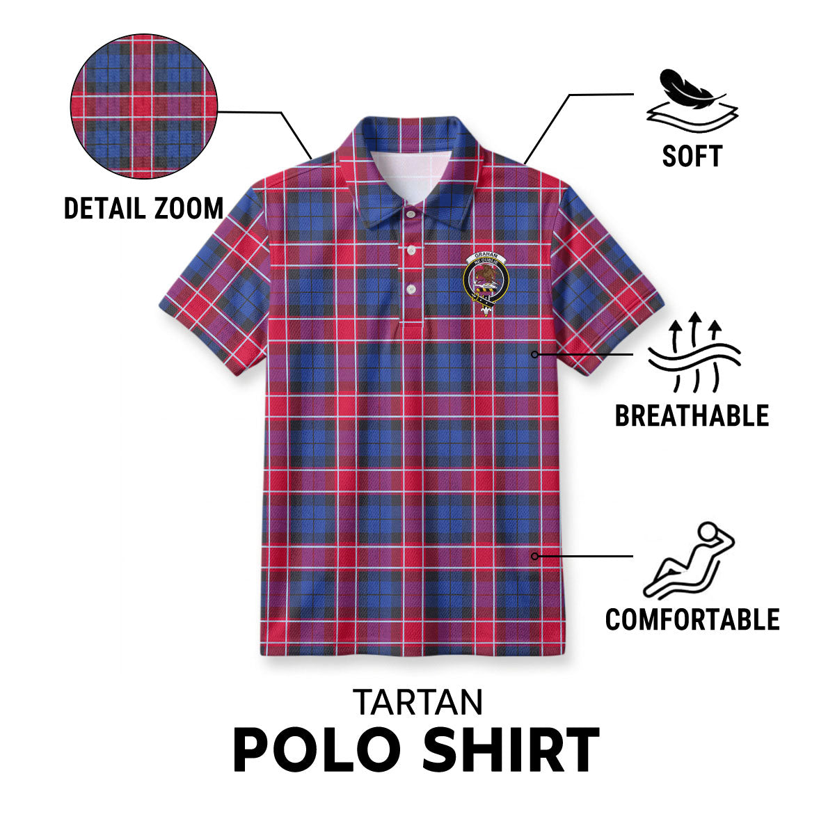 Graham of Menteith Red Tartan Crest Birdseye Mesh Polo Shirt