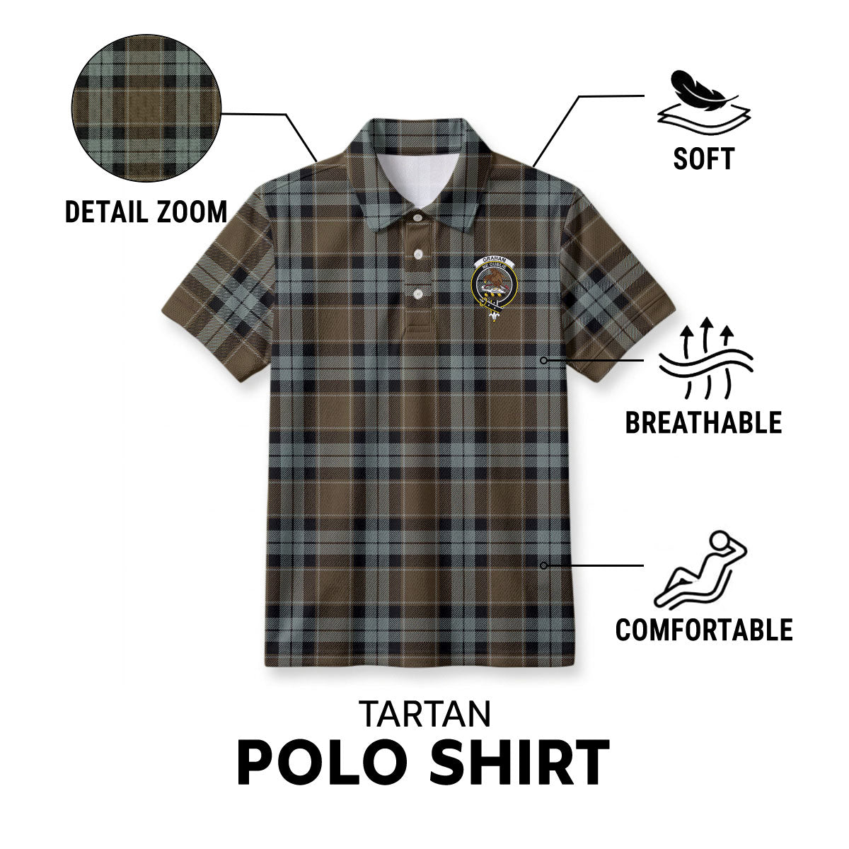 Graham of Menteith Weathered Tartan Crest Birdseye Mesh Polo Shirt