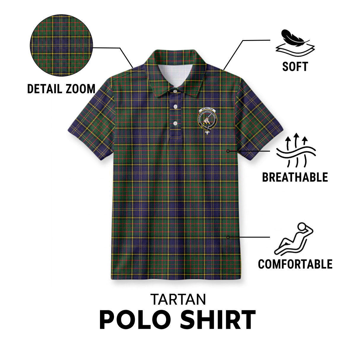 McMillan Hunting Modern Tartan Crest Birdseye Mesh Polo Shirt