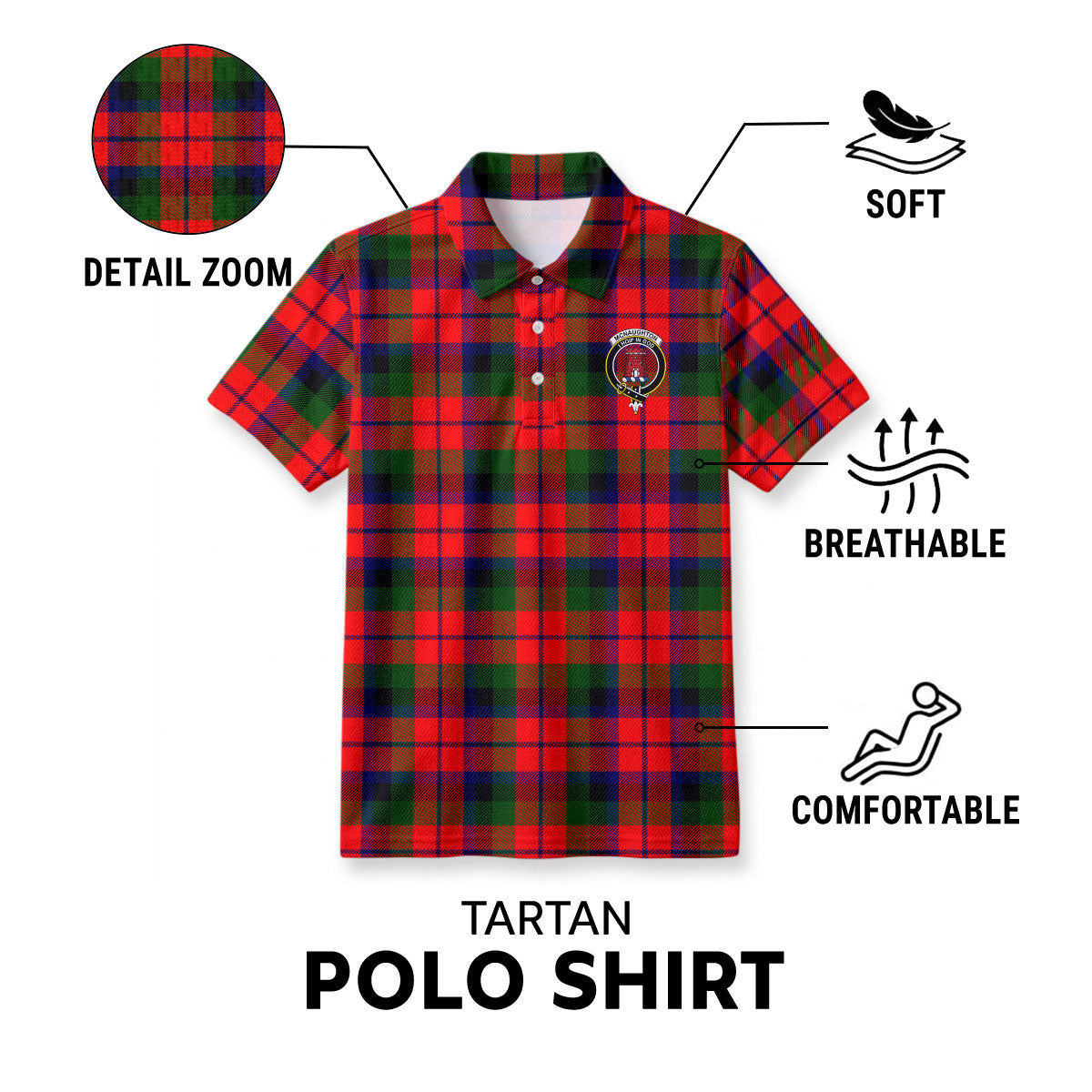McNaughton Modern Tartan Crest Birdseye Mesh Polo Shirt