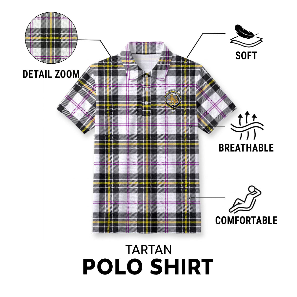 McPherson Dress Modern Tartan Crest Birdseye Mesh Polo Shirt
